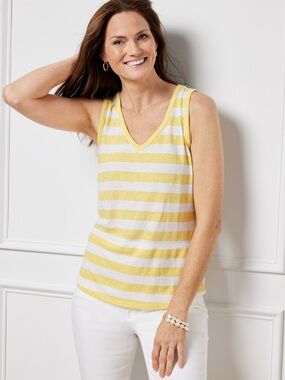 Talbots Yellow and White Striped V-Neck Tank Top